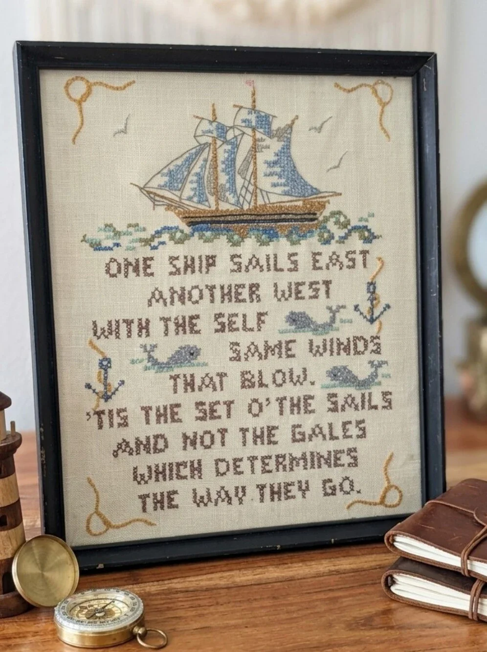 Vintage Nautical Framed Cross Stitch Sailboat Poem Wall Hanging - Coastal Home